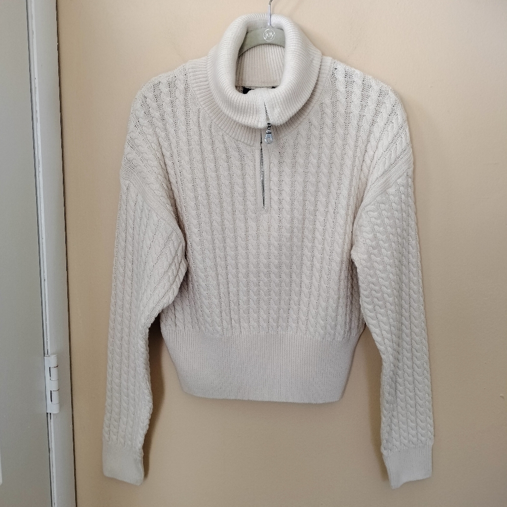 Forever 21 NWT Cream Ivory Cotton Blend Cable Knit Half Zip Cropped Sweater L